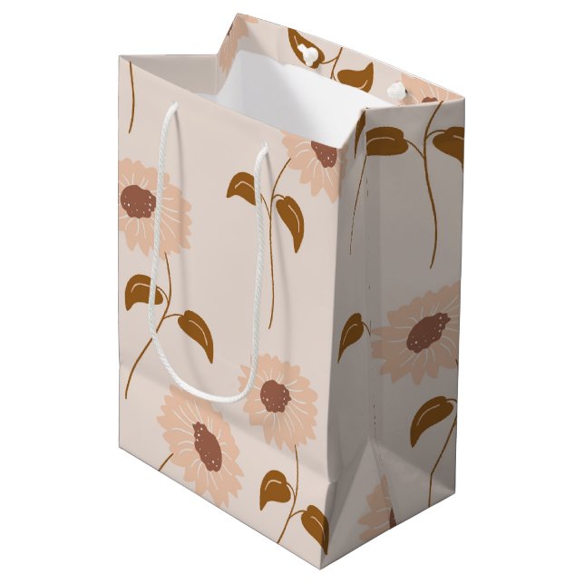 Brown Beige Retro Y2K Hippie Sunflower Pattern Medium Gift Bag (Front Angled)