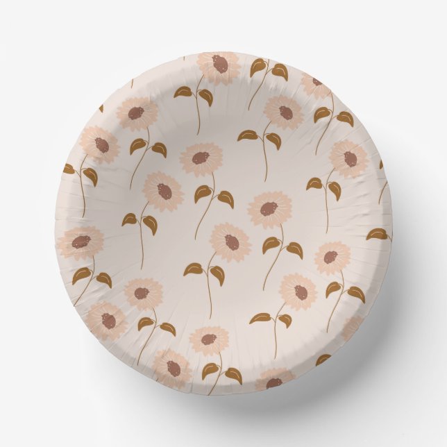 Brown Beige Retro Y2K Hippie Sunflower Pattern Paper Plate (Front)