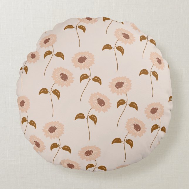 Brown Beige Retro Y2K Hippie Sunflower Pattern Round Cushion (Front)