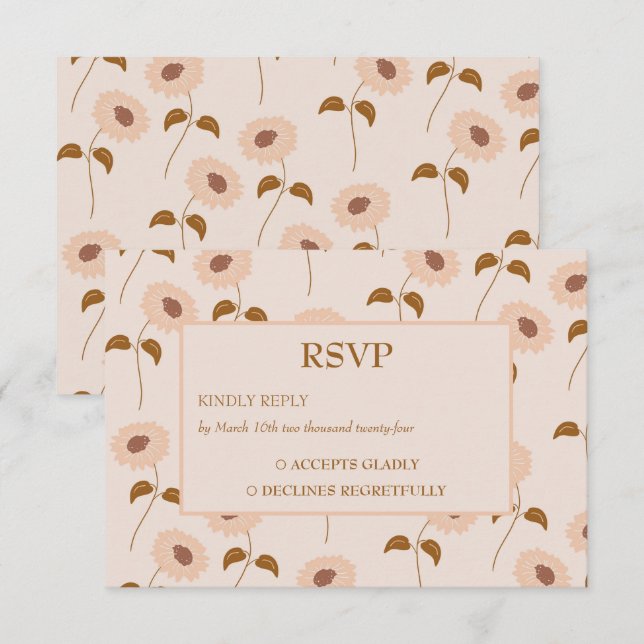 Brown Beige Retro Y2K Hippie Sunflower Pattern RSVP Card (Front/Back)