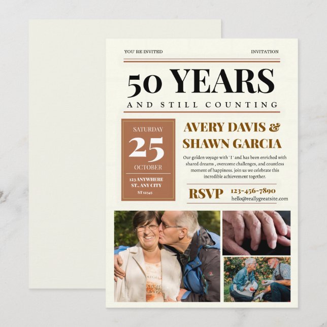 Brown Beige Simple Grid Newspaper 50th Anniversary Invitation (Front/Back)