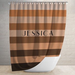 Brown Beige Striped Pattern Personalised Name Shower Curtain