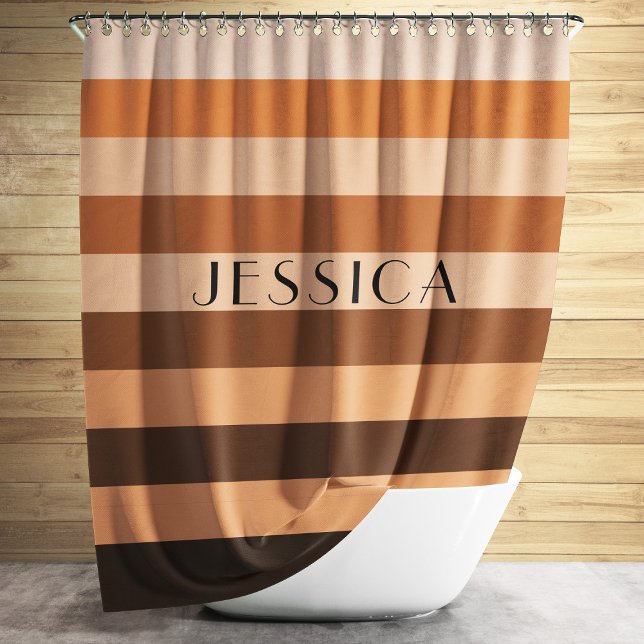 Brown Beige Striped Pattern Personalised Name Shower Curtain (Modern Brown Stripes Pattern Shower Curtain)