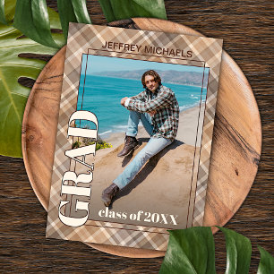 Brown Beige Tartan Plaid Graduation Announcement Postcard