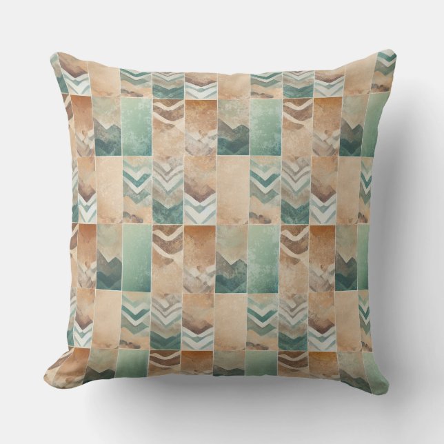 BROWN BEIGE TEAL GREEN GEOMETRIC SHAPES CUSHION (Front)