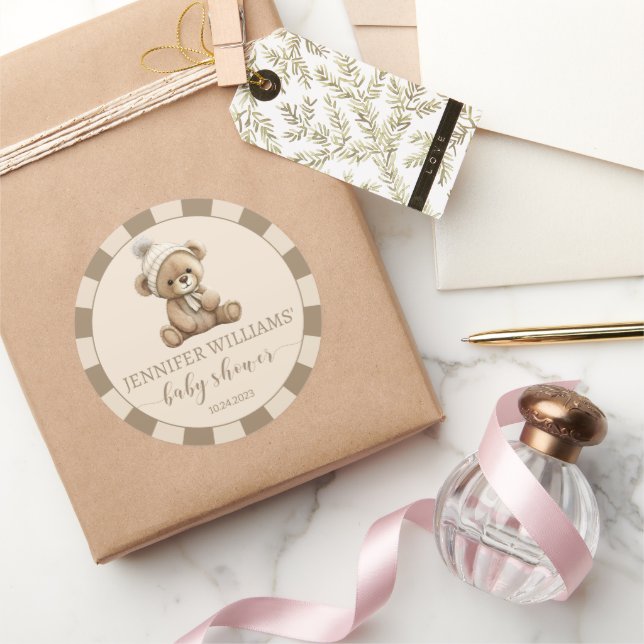 Brown beige teddy bear baby shower round stickers (Gifting)