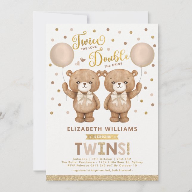 Brown Beige Teddy Bear Balloon Twin Baby Shower Invitation (Front)