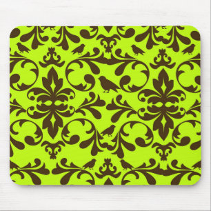 brown bird and lime green damask pattern mouse mat