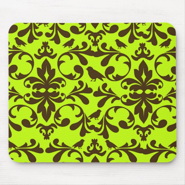 brown bird and lime green damask pattern mouse mat (Front)
