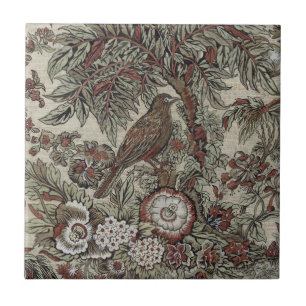 Brown Bird Watercolor Graphite Green Tree Flowers Tile