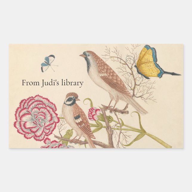 Brown birds with carnations and butterflies rectangular sticker (Front)