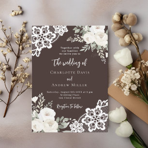 Brown bistre white roses lace wedding invitation