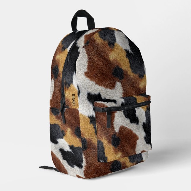 Brown, black, and white cowhide texture printed backpack (Back Corner Left)