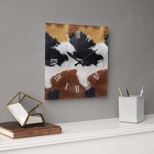 Brown black and white cowhide texture throw pillow square wall clock (Office)