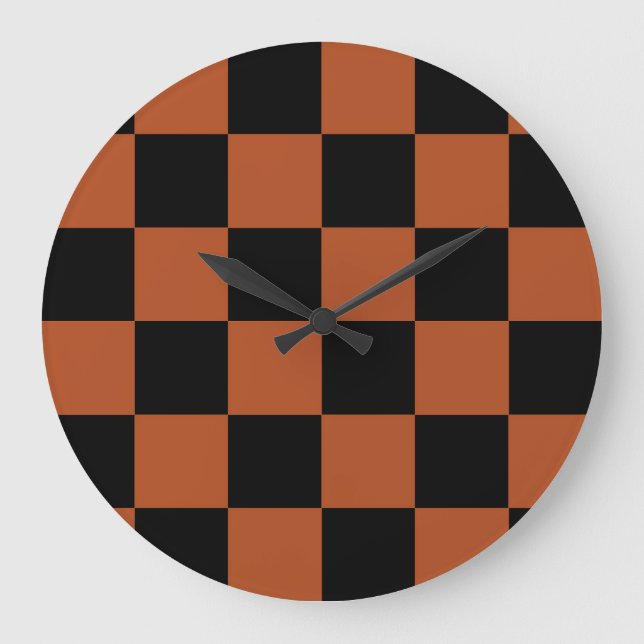 Brown Black Chequered Check Pattern Large Clock (Front)