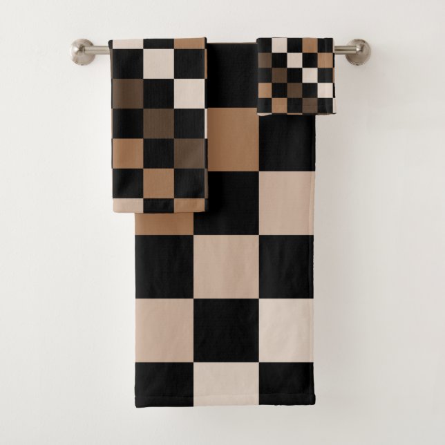 Brown Black Chequered Gingham Pattern Bath Towel Set (Insitu)