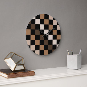 Brown Black Chequered Gingham Pattern Large Clock