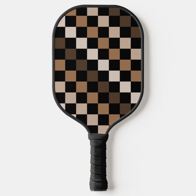 Brown Black Chequered Gingham Pattern Pickleball Paddle (Front)