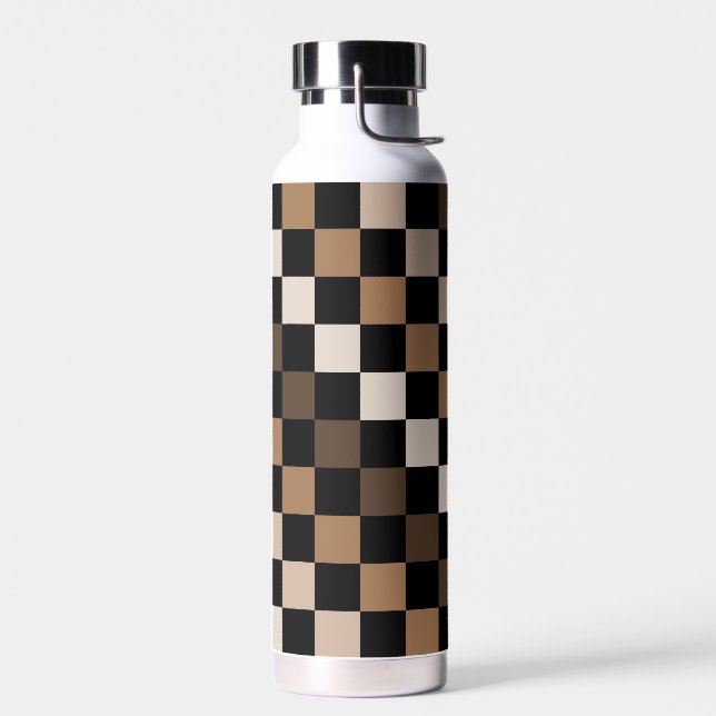 Brown Black Chequered Gingham Pattern Water Bottle (Left)