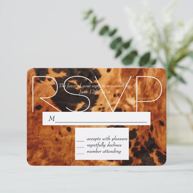 Brown Black Cowhide Cowboy Cowgirl Wedding RSVP (Standing Front)