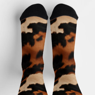 Brown Black Cream Faux Cow Print Socks