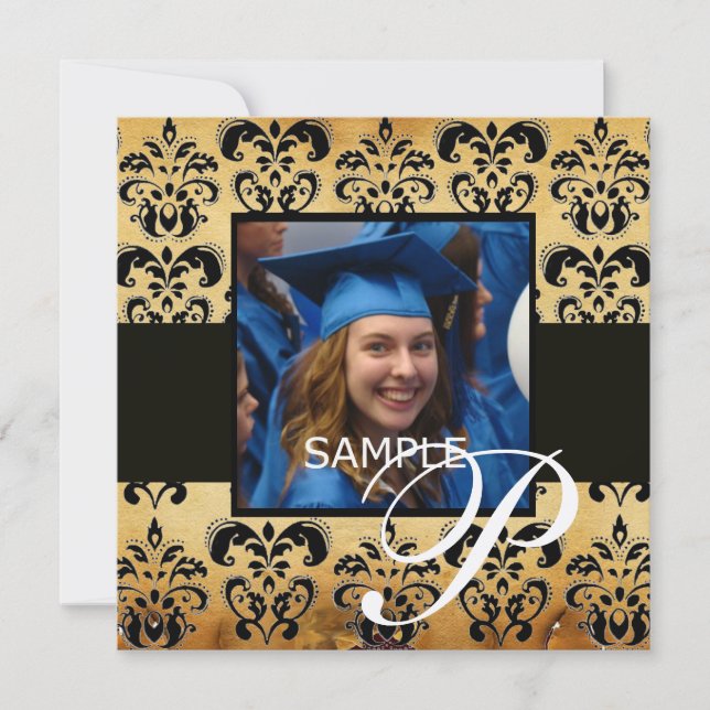 BROWN BLACK DAMASK PARCHMENT GRADUATION  MONOGRAM INVITATION (Front)