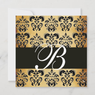 BROWN   BLACK  DAMASK  PARCHMENT MONOGRAM , white Invitation