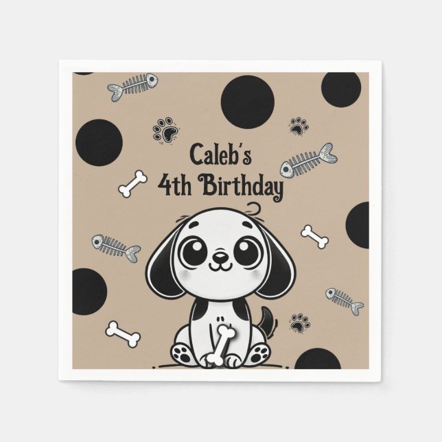 Brown & Black Fish Bones Puppy Dog Birthday Party  Napkin (Front)