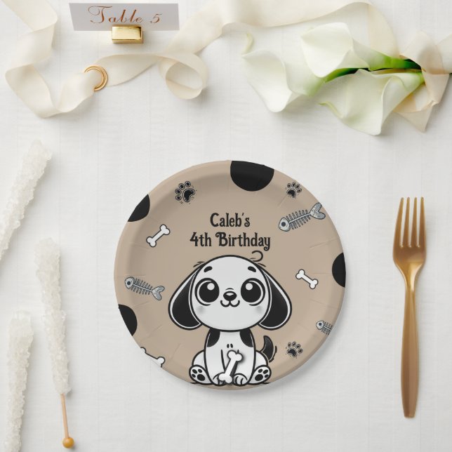 Brown & Black Fish Bones Puppy Dog Birthday Party  Paper Plate (Wedding)