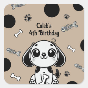 Brown & Black Fish Bones Puppy Dog Birthday Party  Square Sticker