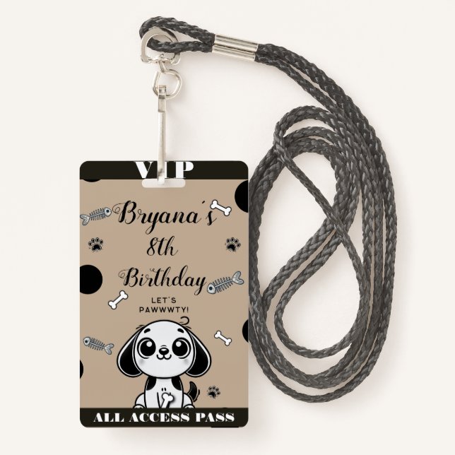 Brown Black Fish Bones Puppy Dog Birthday VIP Pass ID Badge (Front with Lanyard)