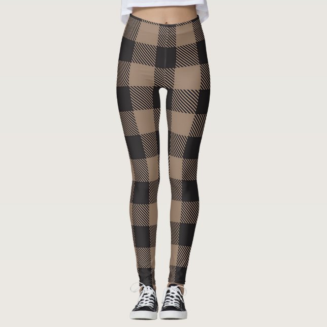 Brown Black Gingham Buffalo Plaid Farmhouse Leggings (Front)