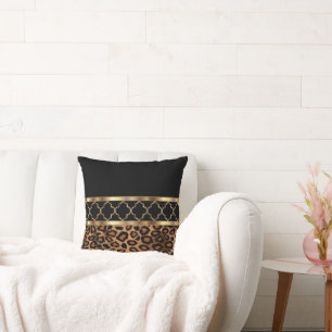 Brown, Black & Gold Quatrefoil and Leopard Cushion