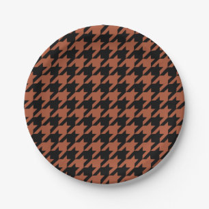 Brown Black Houndstooth Plaid Paper Plate