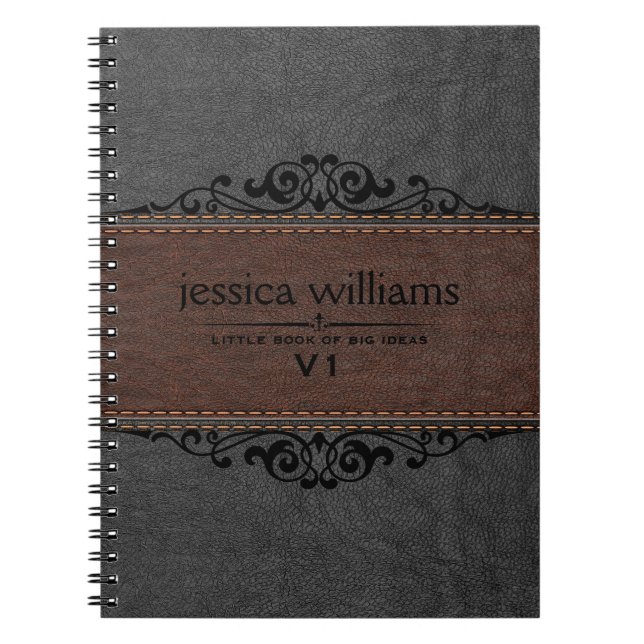 Brown & Black Leather Black Floral Element Notebook (Front)