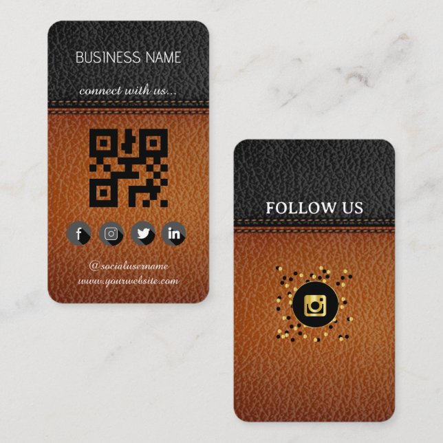 Brown-Black Leather Design-Social Media QR Code  Business Card (Front/Back)
