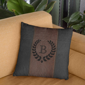 Brown & Black Leather Texture With Black Wreath Cushion