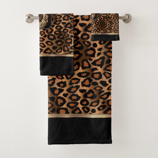 Brown & Black Leopard Pattern with a Lion Head   Bath Towel Set (Insitu)