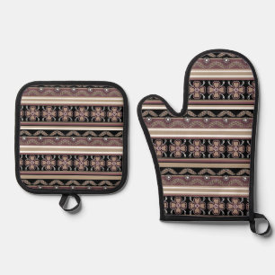 Brown black mexican ornament stripes oven mitt & pot holder set