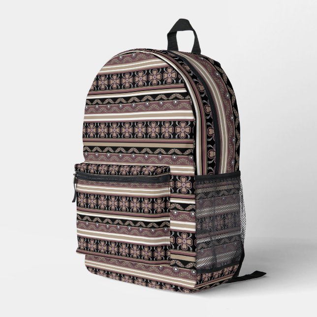 Brown black mexican ornament stripes printed backpack (Back Corner Right)