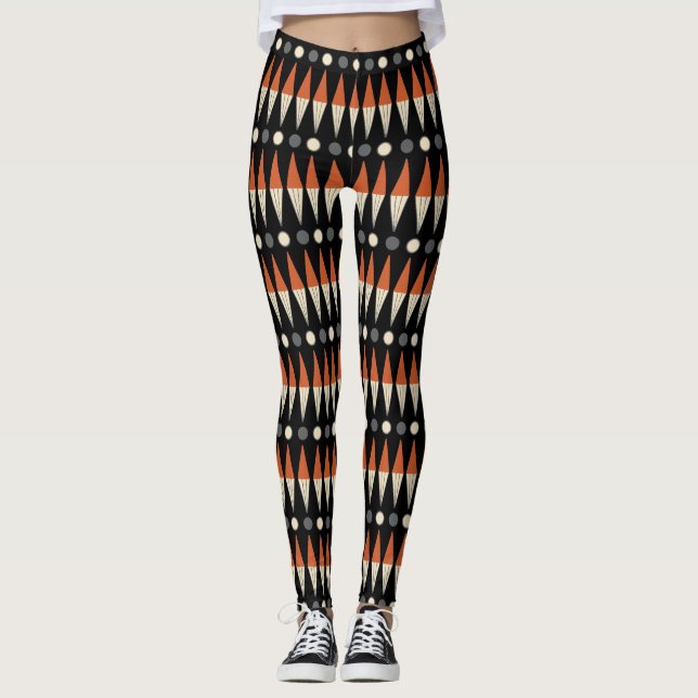 Brown & Black Mid-Century Modern Pattern Leggings (Front)