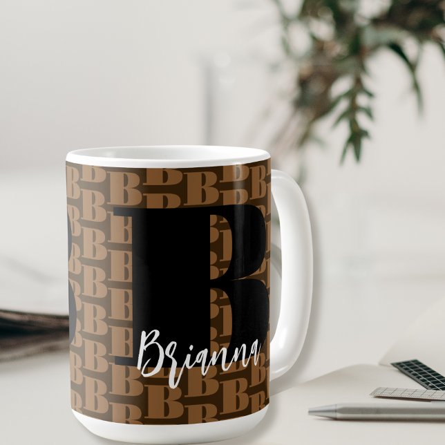 Brown Black Monogram White Script Name Modern  Coffee Mug (Creator Uploaded)