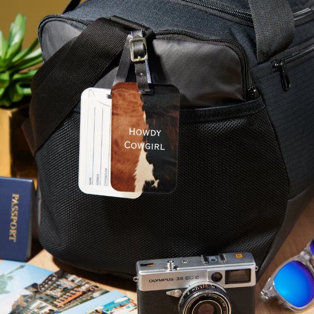 Brown Black Southwest Faux Cowhide Luggage Tag (Front & Back)