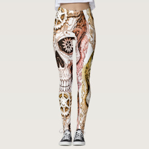 Brown+Black Steampunk Sugar Skull Design on Tight Leggings