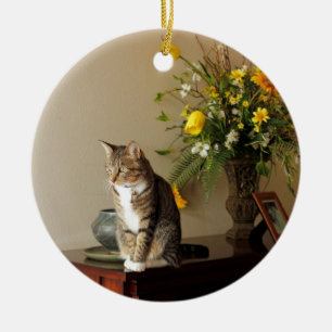 Brown black Tabby cat Sitting on piano flowers Ceramic Tree Decoration