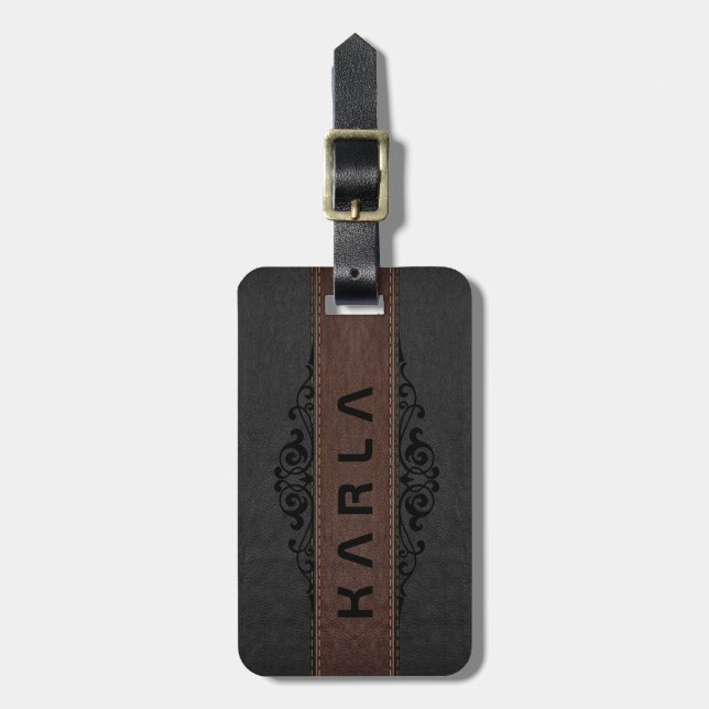 Brown & Black Vintage Leather Floral Accent Luggage Tag (Front Vertical)