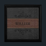 Brown & Black Vintage Leather Texture Gift Box<br><div class="desc">Elegant image of brown and black vintage leather texture with stitches effect. Customisable monogram in black with calligraphic black swirls design element.</div>