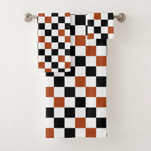 Brown Black White Chequered Pattern Design Bath Towel Set