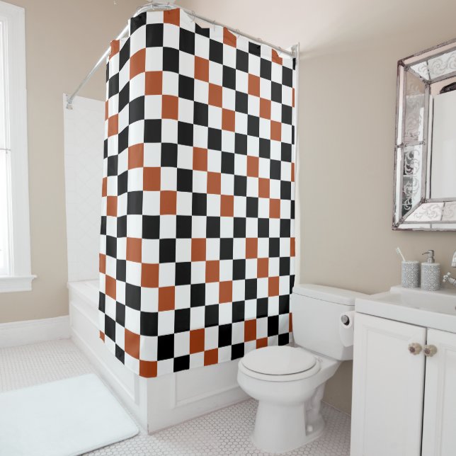 Brown Black White Chequered Pattern Design  Shower Curtain (In Situ)