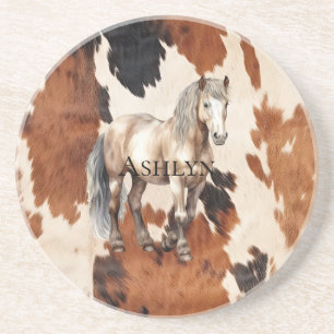 Brown Black White Cowhide Horse Coaster